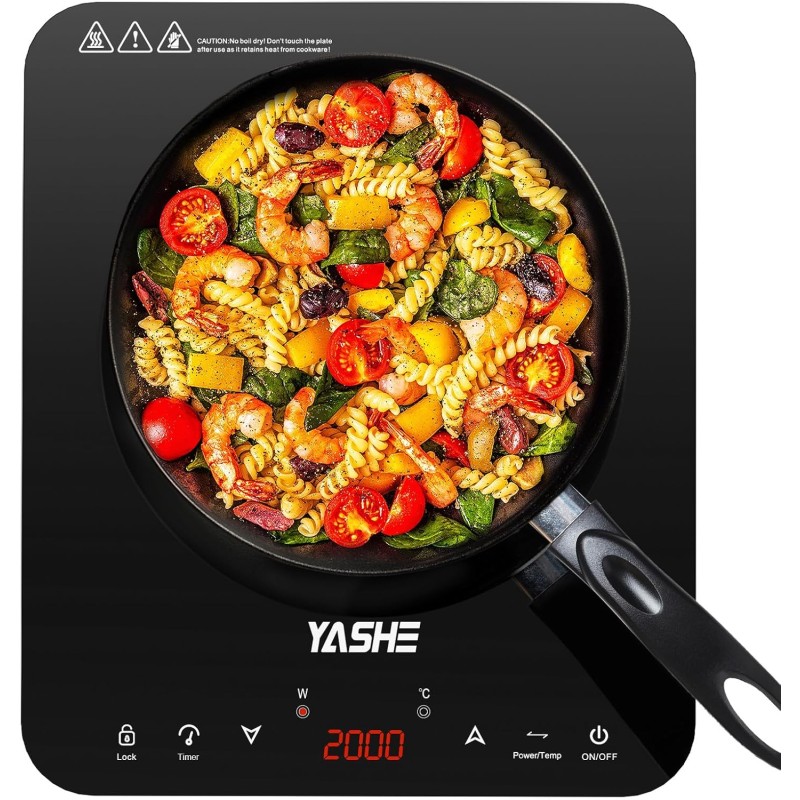 YASHE Piastra a induzione portatile singola 2000W, 10 livelli di potenza e temperatura, timer integrato, blocco di sicurezza, facile da pulire - 1 Fuochi Induzione