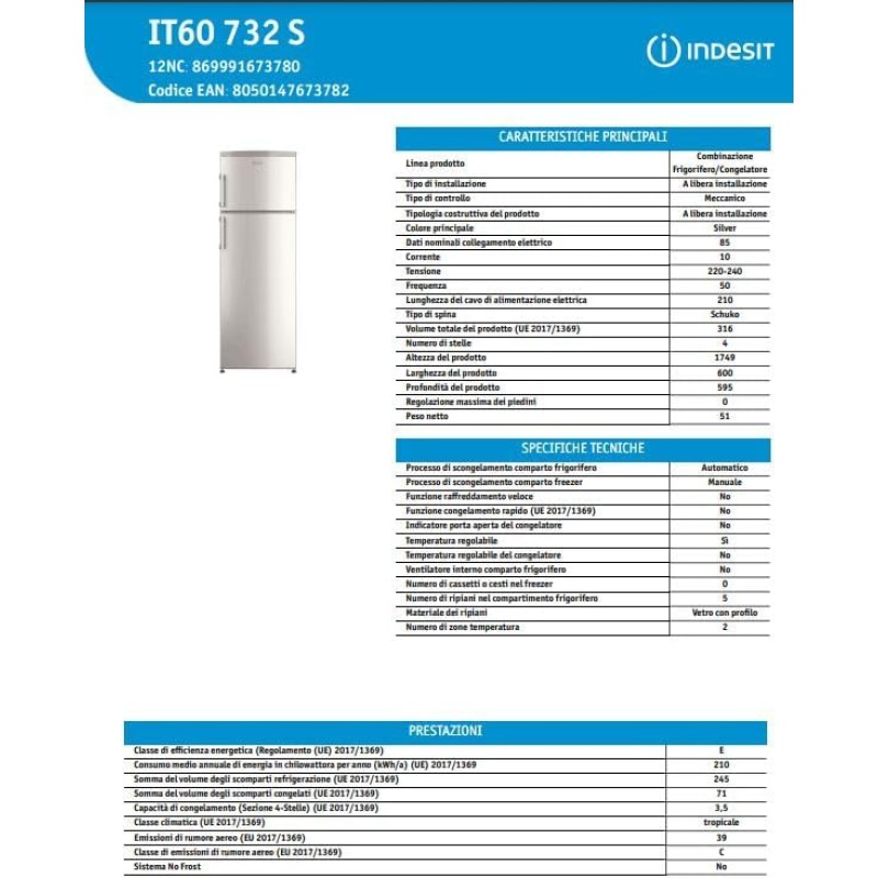 Indesit Frigorifero Doppia Porta a Libera Installazione IT60 732 S, Larghezza 60 cm, Altezza 174.9 cm, Profondità 59.5 cm, Classe Energetica A+