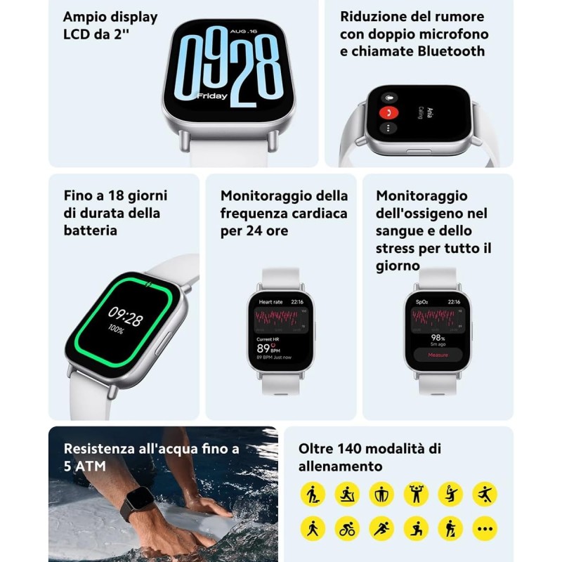 Xiaomi Redmi Watch 5 Active, Smartwatch con display LCD 2", Chiamate Bluetooth, Autonomia 18 giorni, Resistenza Acqua 5ATM, Monitoraggio Frequenza Cardiaca e SpO2, 140+ modalità Fitness - Argento