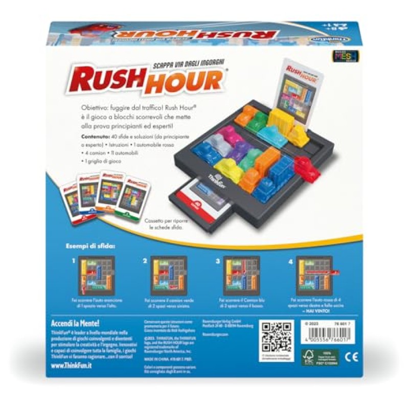 ThinkFun - Rush Hour Gioco | Giochi Da Tavolo per Bambini | 40 Sfide | Bambino e Bambina +8 Anni | Idee Regalo | Giochi Bambini +8 Anni | Rush Hour Regalo Natale