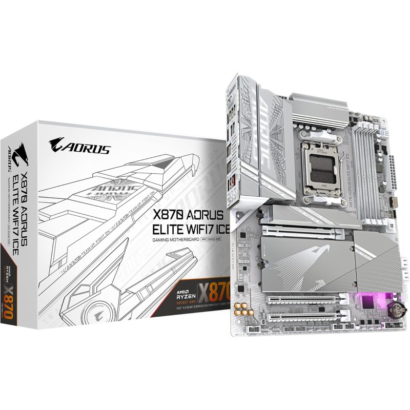 GIGABYTE X870 AORUS ELITE WIFI7 ICE Motherboard - Supports AMD Ryzen 9000 CPU, 16+2+2 Phase Digital VRM, up to 8000MHz DDR5 (OC), 3xPCIe 5.0, Wi-Fi 7, 2.5GbE LAN, USB 4 GIGABYTE X870 AORUS ELITE WIFI7 ICE Motherboard - Supports AMD Ryzen 9000 CPU, 16+2+2 Phase Digital VRM, up to 8000MHz DDR5 (OC), 3xPCIe 5.0, Wi-Fi 7, 2.5GbE LAN, USB 4