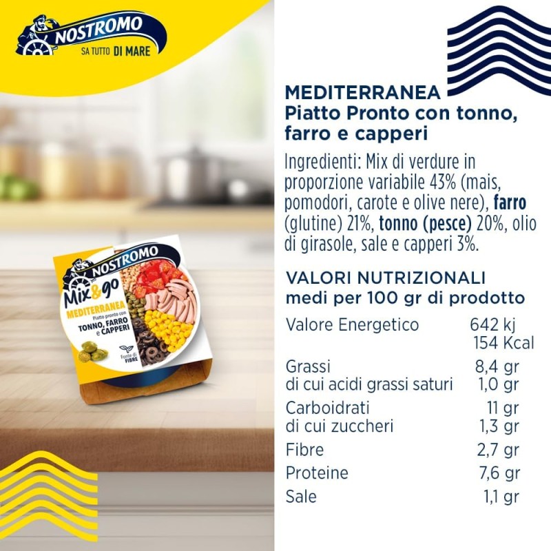 Nostromo Mix&Go Piatto Pronto Mediterraneo 190g – Tonno, Farro e Capperi – Pasto Veloce e Salutare, Ideale per Pranzo On-The-Go