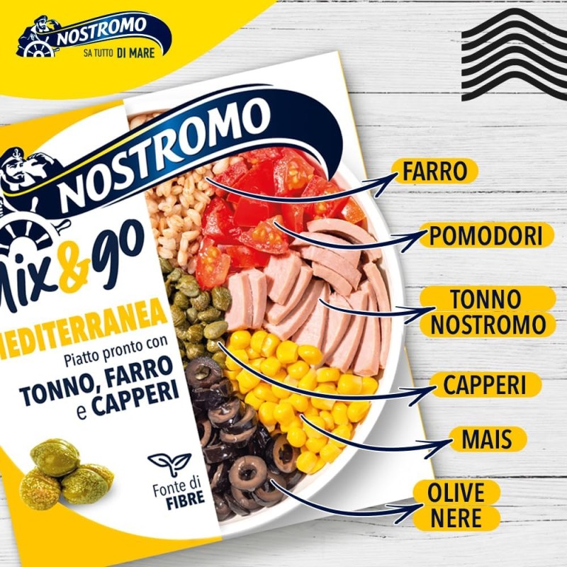 Nostromo Mix&Go Piatto Pronto Mediterraneo 190g – Tonno, Farro e Capperi – Pasto Veloce e Salutare, Ideale per Pranzo On-The-Go