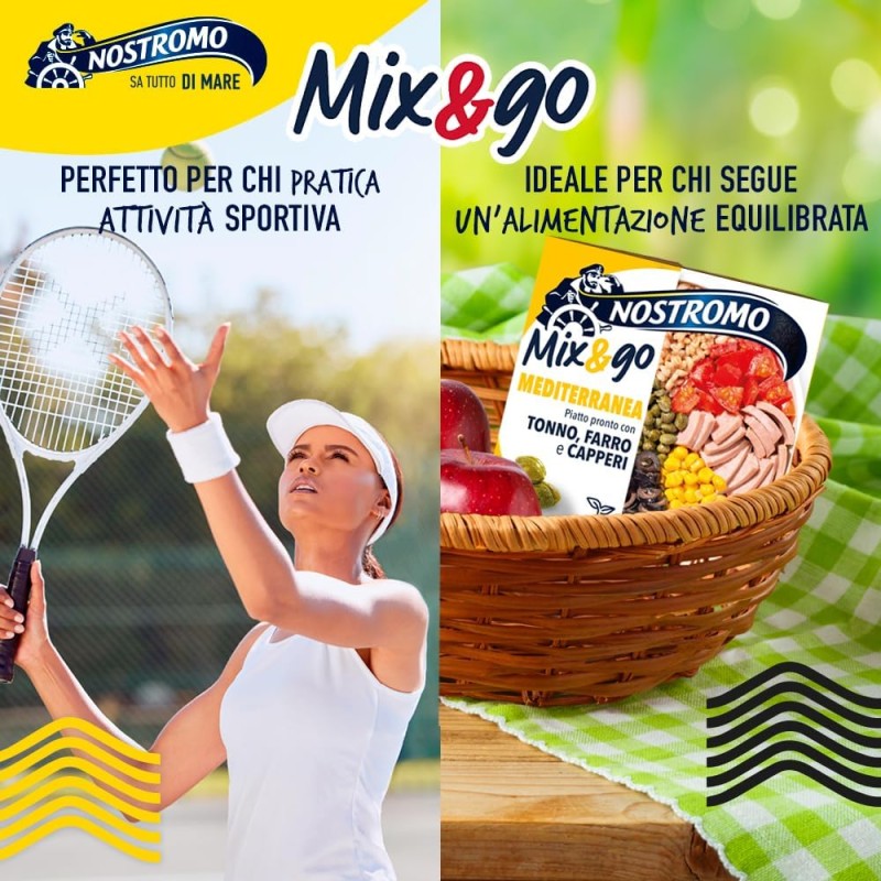 Nostromo Mix&Go Piatto Pronto Mediterraneo 190g – Tonno, Farro e Capperi – Pasto Veloce e Salutare, Ideale per Pranzo On-The-Go
