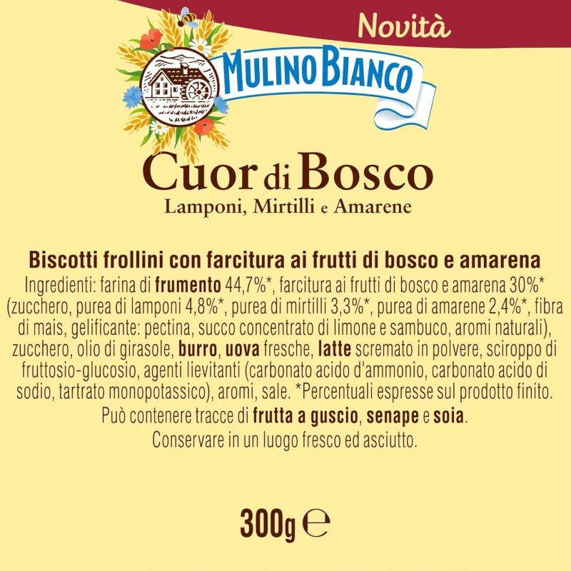 Mulino Bianco Biscotti Frollini Cuor di Bosco, con Lamponi, Mirtilli e Amarene, Colazione Ricca di Gusto, Senza Olio di Palma - 300 g