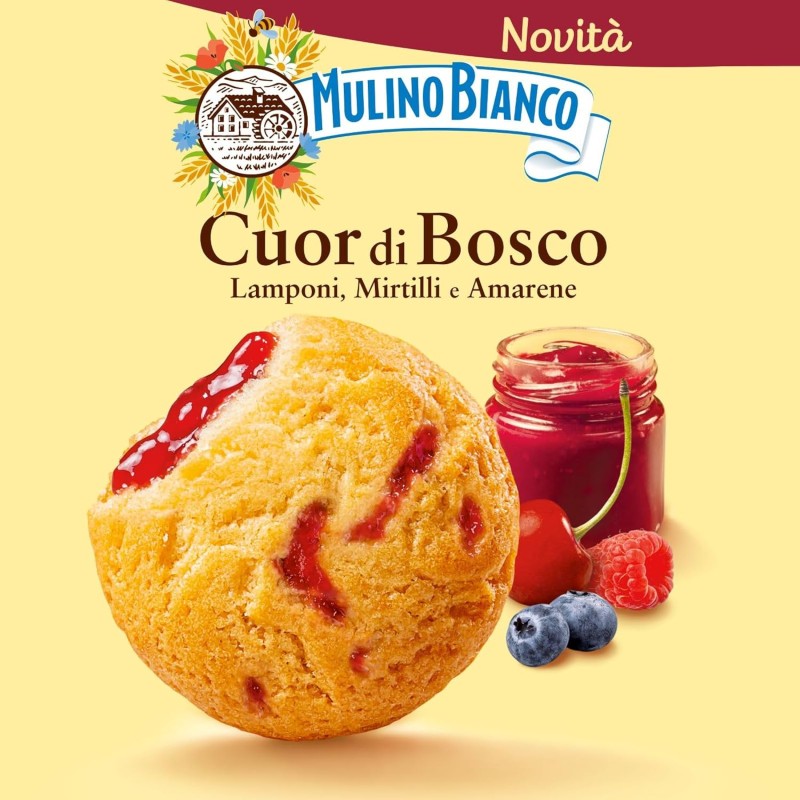 Mulino Bianco Biscotti Frollini Cuor di Bosco, con Lamponi, Mirtilli e Amarene, Colazione Ricca di Gusto, Senza Olio di Palma - 300 g