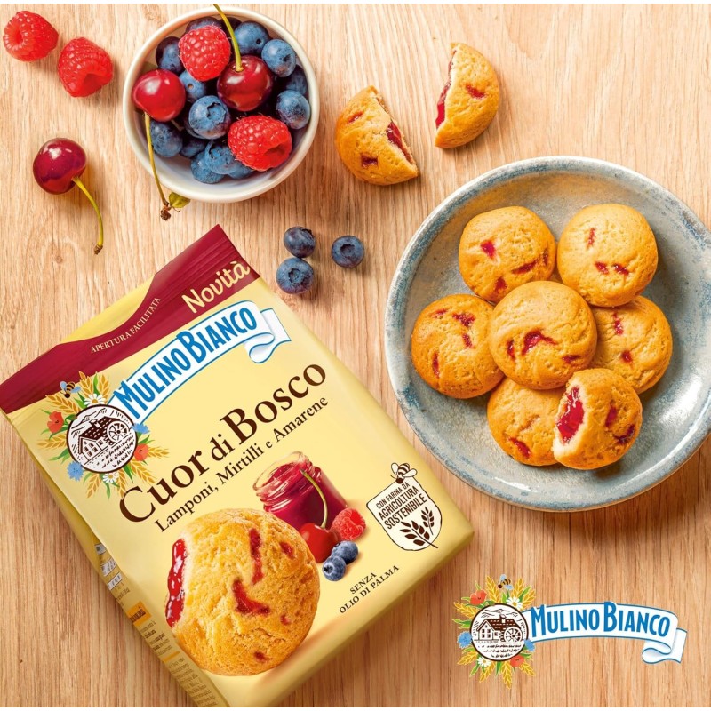 Mulino Bianco Biscotti Frollini Cuor di Bosco, con Lamponi, Mirtilli e Amarene, Colazione Ricca di Gusto, Senza Olio di Palma - 300 g