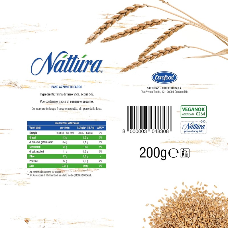 NATTURA Pane Azzimo di Farro, Pane Azzimo Senza Lievito e Senza Sale Aggiunto, 100% Farina di Farro, Fonte di Fibre, 63 Kcal per Sfoglia, Prodotto Vegano, 220 g (Confezione da 3) - Pack of 3 NATTURA Pane Azzimo di Farro, Pane Azzimo Senza Lievito e Senza Sale Aggiunto, 100% Farina di Farro, Fonte di Fibre, 63 Kcal per Sfoglia, Prodotto Vegano, 220 g (Confezione da 3) - Pack of 3