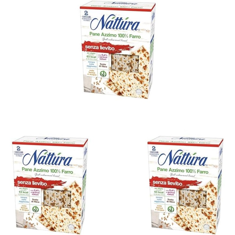 NATTURA Pane Azzimo di Farro, Pane Azzimo Senza Lievito e Senza Sale Aggiunto, 100% Farina di Farro, Fonte di Fibre, 63 Kcal per Sfoglia, Prodotto Vegano, 220 g (Confezione da 3) - Pack of 3 NATTURA Pane Azzimo di Farro, Pane Azzimo Senza Lievito e Senza Sale Aggiunto, 100% Farina di Farro, Fonte di Fibre, 63 Kcal per Sfoglia, Prodotto Vegano, 220 g (Confezione da 3) - Pack of 3