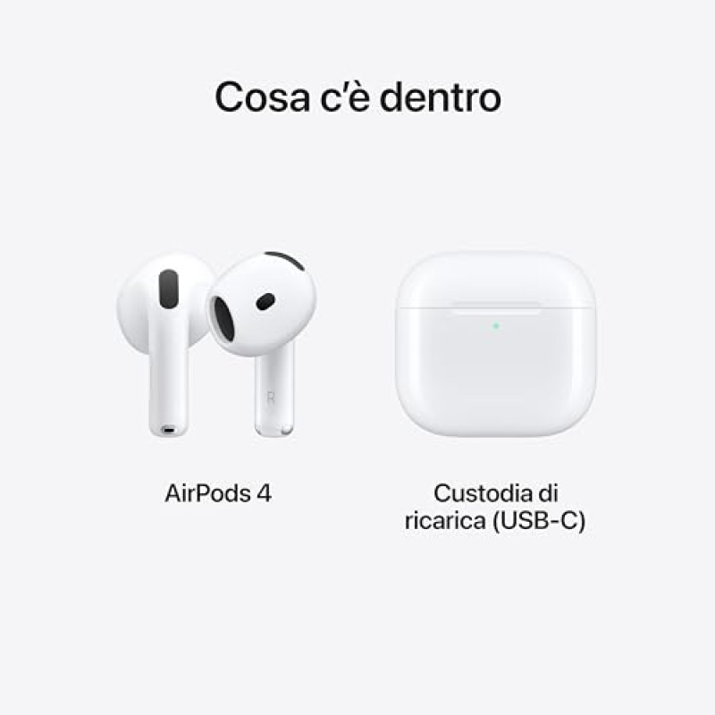 Apple AirPods 4 Auricolari wireless, Auricolari Bluetooth, Audio spaziale personalizzato, Resistenza al sudore e all’acqua, Custodia di ricarica USB-C, Chip H2, Fino a 24 ore di autonomia