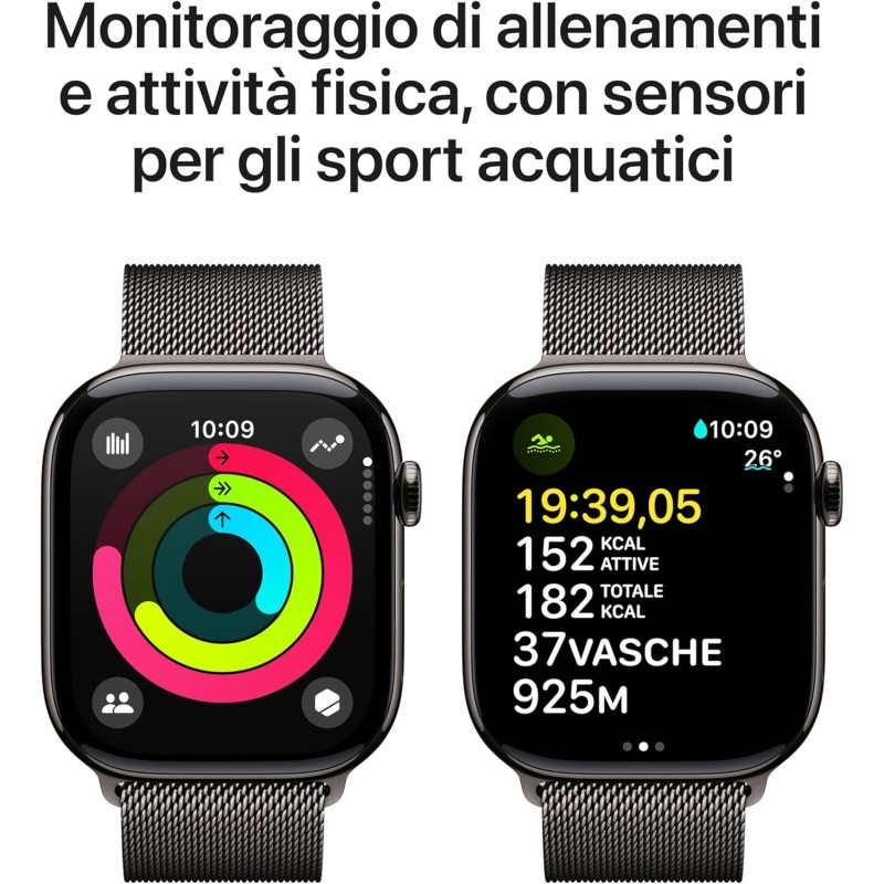 Apple Watch Series 10 GPS + Cellular 46 mm Smartwatch con cassa in titanio color Ardesia e cinturino Sport Loop Ardesia - M/L. Fitness tracker, app ECG, display Retina always-on, Carbon Neutral - cassa 46 mm Ardesia