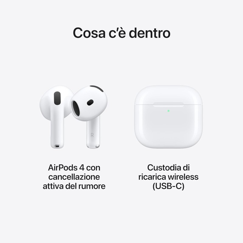Apple AirPods 4 Auricolari wireless, Auricolari Bluetooth, Cancellazione attiva del rumore, Audio adattivo, Trasparenza, Audio spaziale personalizzato, Custodia di ricarica USB-C, Ricarica wireless