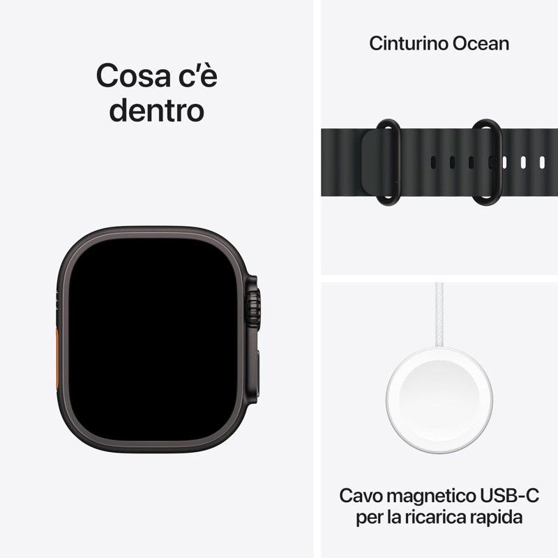 Apple Watch Ultra 2 GPS + Cellular 49 mm Sportwatch con robusta cassa in titanio Nero e Ocean Band Nero. Fitness tracker, GPS di precisione, tanta autonomia, luminoso display Retina - Misura unica - Per polsi da 130-200 mm Nero Apple Watch Ultra 2 GPS + Cellular 49 mm Sportwatch con robusta cassa in titanio Nero e Ocean Band Nero. Fitness tracker, GPS di precisione, tanta autonomia, luminoso display Retina - Misura unica - Per polsi da 130-200 mm Nero