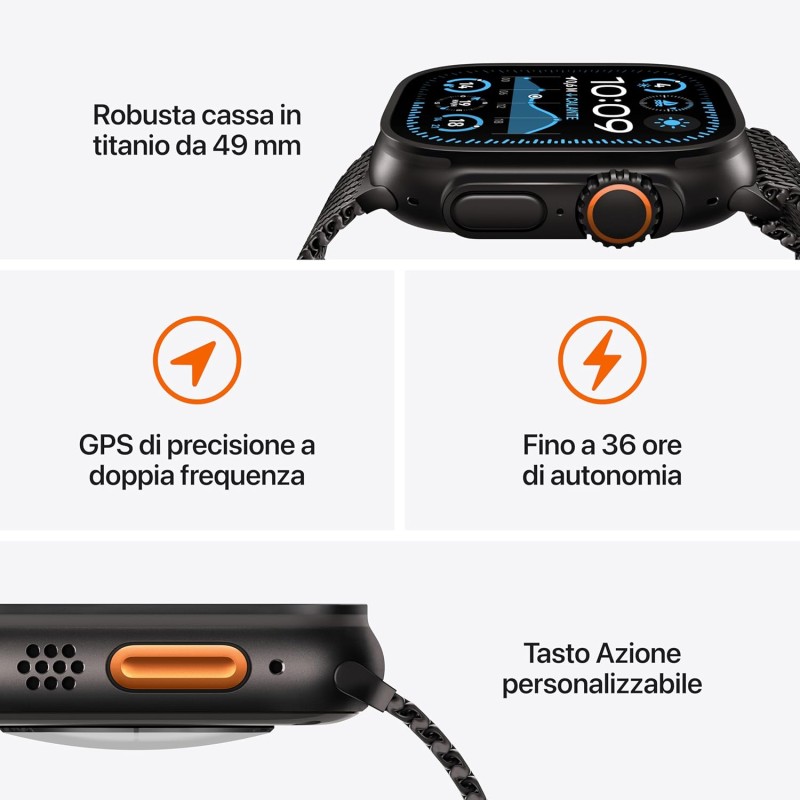 Apple Watch Ultra 2 GPS + Cellular 49 mm Sportwatch con robusta cassa in titanio Nero e Ocean Band Nero. Fitness tracker, GPS di precisione, tanta autonomia, luminoso display Retina - Misura unica - Per polsi da 130-200 mm Nero Apple Watch Ultra 2 GPS + Cellular 49 mm Sportwatch con robusta cassa in titanio Nero e Ocean Band Nero. Fitness tracker, GPS di precisione, tanta autonomia, luminoso display Retina - Misura unica - Per polsi da 130-200 mm Nero