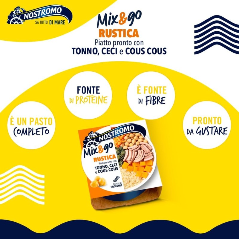 Nostromo - Piatto pronto Mix&Go Rustica con Tonno, Ceci, e Cous Cous. 12 confezioni da 190gr Nostromo - Piatto pronto Mix&Go Rustica con Tonno, Ceci, e Cous Cous. 12 confezioni da 190gr