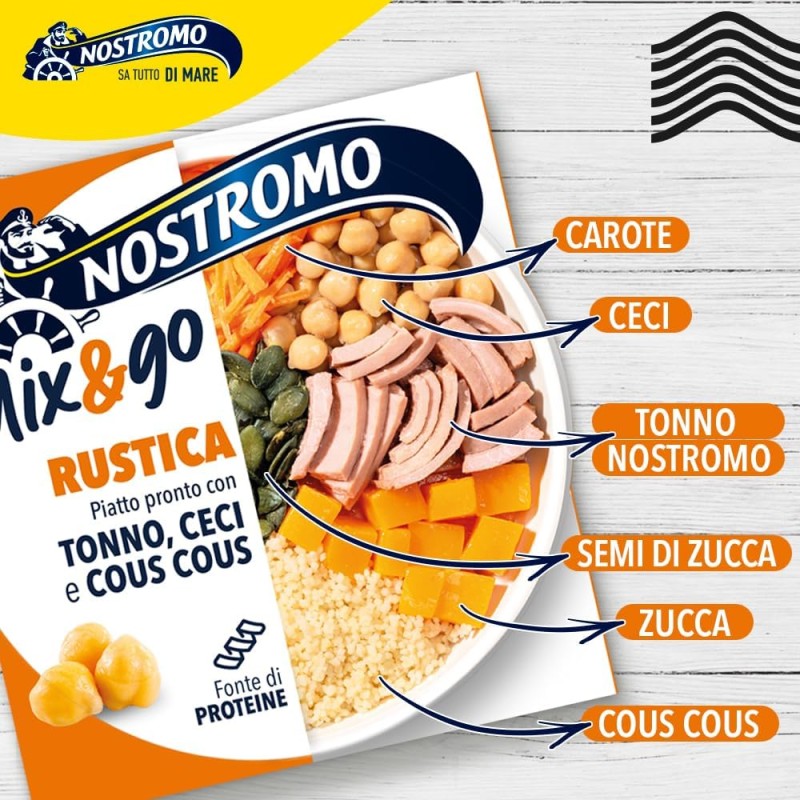 Nostromo - Piatto pronto Mix&Go Rustica con Tonno, Ceci, e Cous Cous. 12 confezioni da 190gr Nostromo - Piatto pronto Mix&Go Rustica con Tonno, Ceci, e Cous Cous. 12 confezioni da 190gr