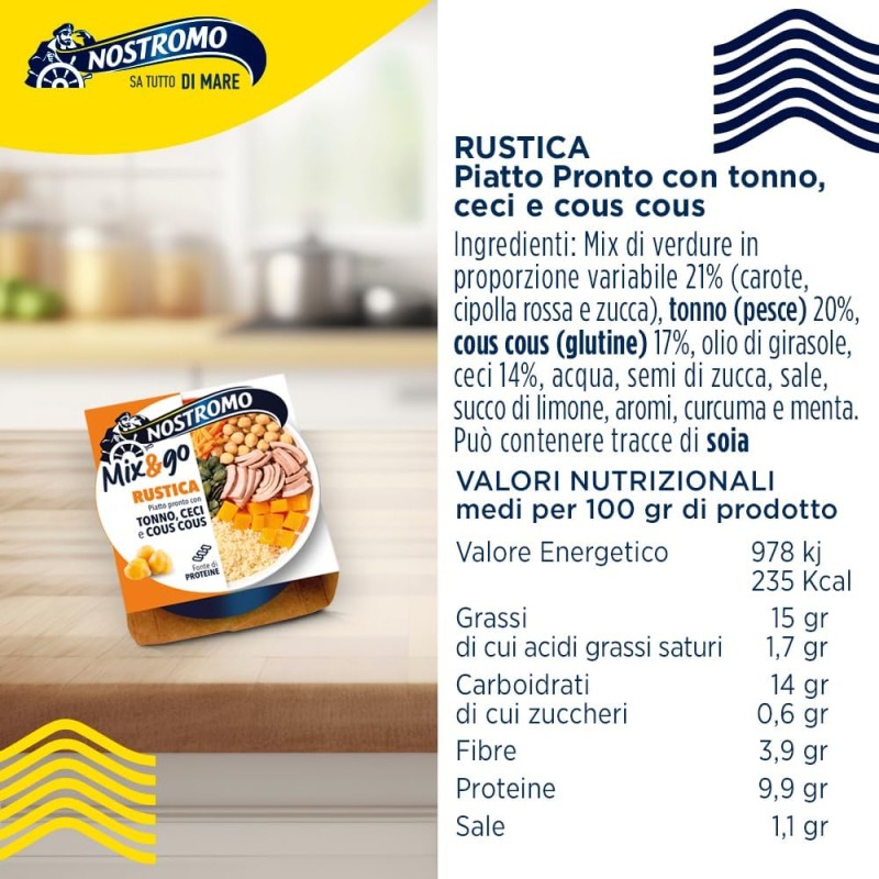 Nostromo - Piatto pronto Mix&Go Rustica con Tonno, Ceci, e Cous Cous. 12 confezioni da 190gr Nostromo - Piatto pronto Mix&Go Rustica con Tonno, Ceci, e Cous Cous. 12 confezioni da 190gr