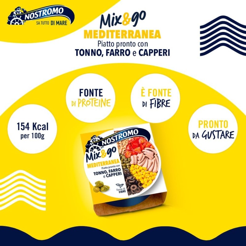 Nostromo Mix&Go Mediterraneo - Piatto Pronto con Tonno, Farro, Capperi - Pasto Veloce e Salutare - Confezione da 12x190g