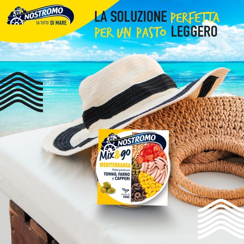 Nostromo Mix&Go Mediterraneo - Piatto Pronto con Tonno, Farro, Capperi - Pasto Veloce e Salutare - Confezione da 12x190g