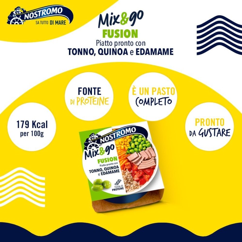 Nostromo - Piatto pronto Mix&Go Fusion con Tonno, Quinoa, e Edamame. 12 confezioni da 190gr Nostromo - Piatto pronto Mix&Go Fusion con Tonno, Quinoa, e Edamame. 12 confezioni da 190gr