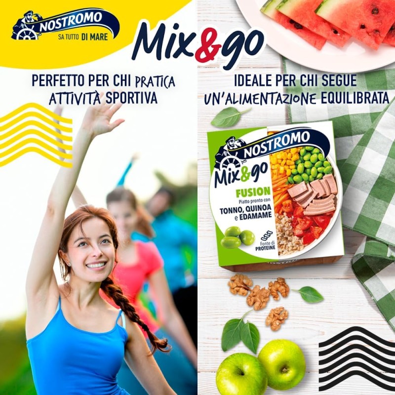 Nostromo - Piatto pronto Mix&Go Fusion con Tonno, Quinoa, e Edamame. 12 confezioni da 190gr Nostromo - Piatto pronto Mix&Go Fusion con Tonno, Quinoa, e Edamame. 12 confezioni da 190gr