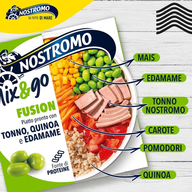 Nostromo - Piatto pronto Mix&Go Fusion con Tonno, Quinoa, e Edamame. 12 confezioni da 190gr Nostromo - Piatto pronto Mix&Go Fusion con Tonno, Quinoa, e Edamame. 12 confezioni da 190gr