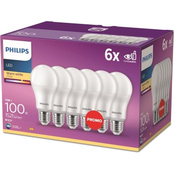 Philips LED Classic E27 confezione da 6 lampade (100 W), lampade LED opache con luce bianca calda, lampade a risparmio energetico con lunga durata