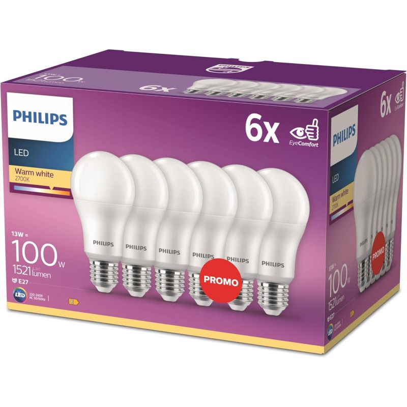 Philips LED Classic E27 confezione da 6 lampade (100 W), lampade LED opache con luce bianca calda, lampade a risparmio energetico con lunga durata