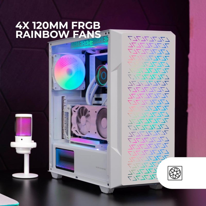 MARSGAMING MC-GEO, Case Gaming ATX, 4x Ventole FRGB Rainbow 12cm, Pannello Frontale Mesh Geometrico, Finestra Laterale Vetro Temperato, Semitorre Doppia Camera, Supporto Raffreddamento Liquido, Bianco MARSGAMING MC-GEO, Case Gaming ATX, 4x Ventole FRGB Rainbow 12cm, Pannello Frontale Mesh Geometrico, Finestra Laterale Vetro Temperato, Semitorre Doppia Camera, Supporto Raffreddamento Liquido, Bianco