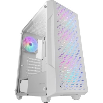 MARSGAMING MC-GEO, Case Gaming ATX, 4x Ventole FRGB Rainbow 12cm, Pannello Frontale Mesh Geometrico, Finestra Laterale Vetro Temperato, Semitorre Doppia Camera, Supporto Raffreddamento Liquido, Bianco