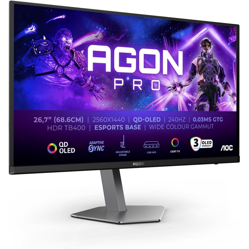 AOC Agon PRO AG276QZD2AM - Monitor OLED QHD da 27 pollici, 240 Hz, 0,03 ms GtG, FreeSync Premium Pro, comp. G-Sync, HDR400 2560x1440, 2x HDMI 2.1, DisplayPort, Hub USB nero, 27 pollice QHD - 27" QHD AOC Agon PRO AG276QZD2AM - Monitor OLED QHD da 27 pollici, 240 Hz, 0,03 ms GtG, FreeSync Premium Pro, comp. G-Sync, HDR400 2560x1440, 2x HDMI 2.1, DisplayPort, Hub USB nero, 27 pollice QHD - 27" QHD
