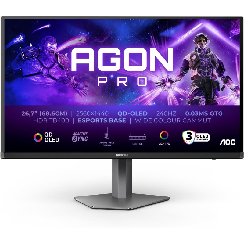 AOC Agon PRO AG276QZD2AM - Monitor OLED QHD da 27 pollici, 240 Hz, 0,03 ms GtG, FreeSync Premium Pro, comp. G-Sync, HDR400 2560x1440, 2x HDMI 2.1, DisplayPort, Hub USB nero, 27 pollice QHD - 27" QHD AOC Agon PRO AG276QZD2AM - Monitor OLED QHD da 27 pollici, 240 Hz, 0,03 ms GtG, FreeSync Premium Pro, comp. G-Sync, HDR400 2560x1440, 2x HDMI 2.1, DisplayPort, Hub USB nero, 27 pollice QHD - 27" QHD