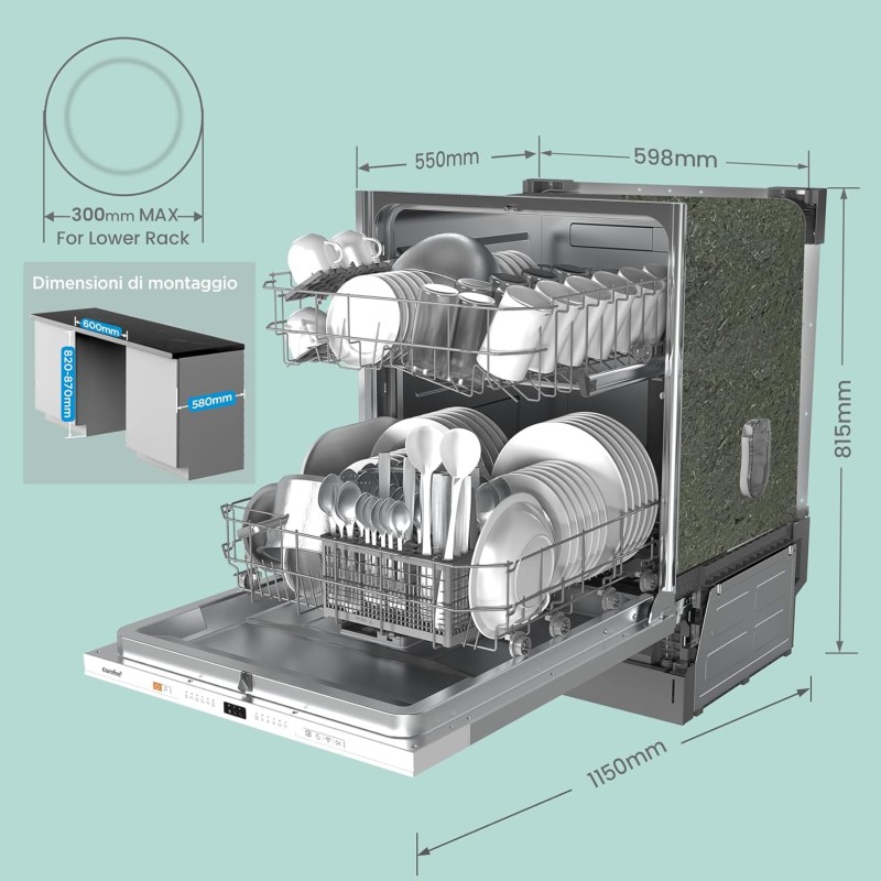 COMFEE' CDWPB1215P-W Lavastoviglie da Incasso con 12 coperti, 8 Programmi, di avviamento ritardato, Funzione di Mezzo Carico, Home Connect, cloud wash, Asciugatura Extra - Inox