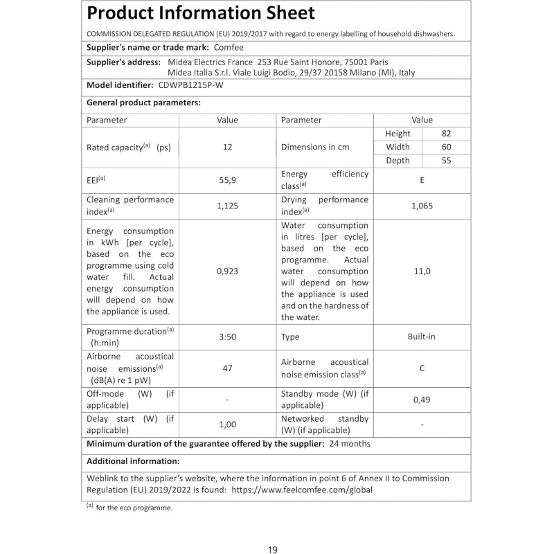 COMFEE' CDWPB1215P-W Lavastoviglie da Incasso con 12 coperti, 8 Programmi, di avviamento ritardato, Funzione di Mezzo Carico, Home Connect, cloud wash, Asciugatura Extra - Inox