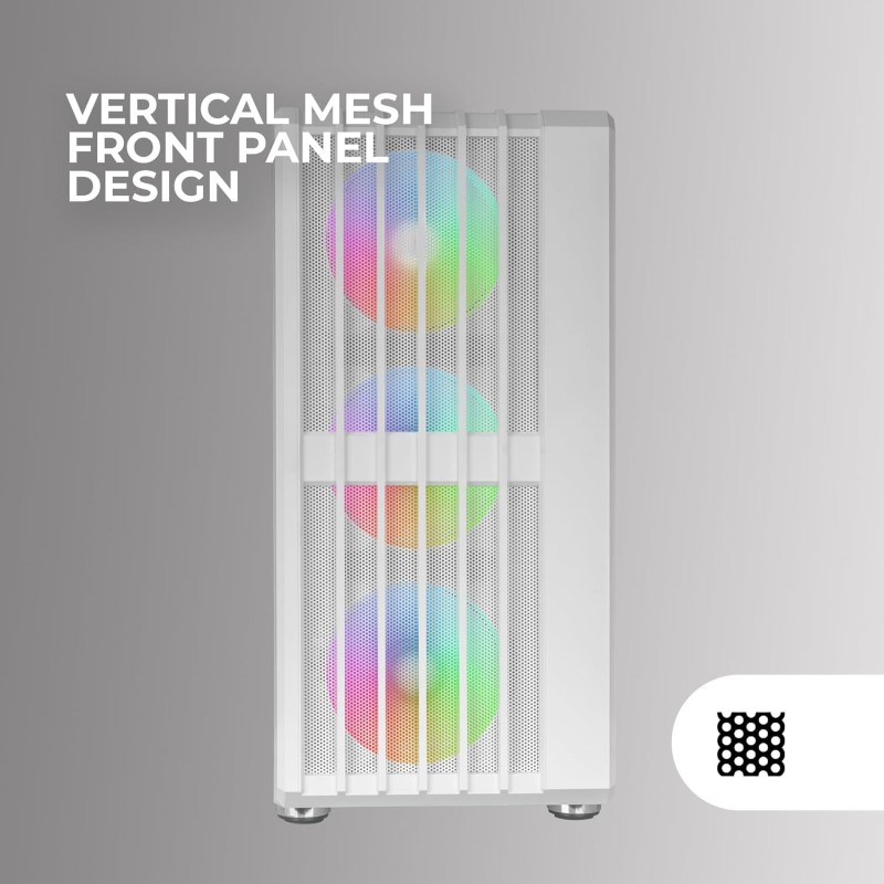 MARSGAMING MC-VAULT, Case Gaming ATX, 4x Ventole ARGB 120mm, Pannello Frontale Mesh con Design Verticale, Finestra Laterale Vetro Temperato, 3x Slot PCI Verticali, Semitorre PC Professionale, Bianco MARSGAMING MC-VAULT, Case Gaming ATX, 4x Ventole ARGB 120mm, Pannello Frontale Mesh con Design Verticale, Finestra Laterale Vetro Temperato, 3x Slot PCI Verticali, Semitorre PC Professionale, Bianco