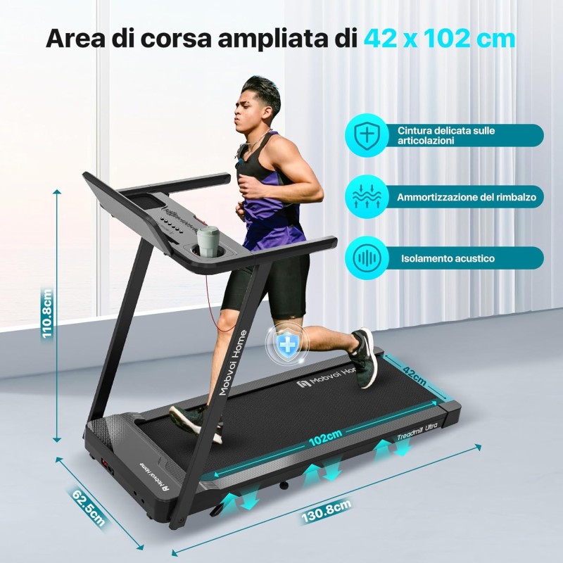 Mobvoi Home Treadmill Ultra, Pro, Tapis Roulant Elettrico Compatibile con Smartwatch, Percorsi di Allenamento Virtuali, 12km/h 120kg
