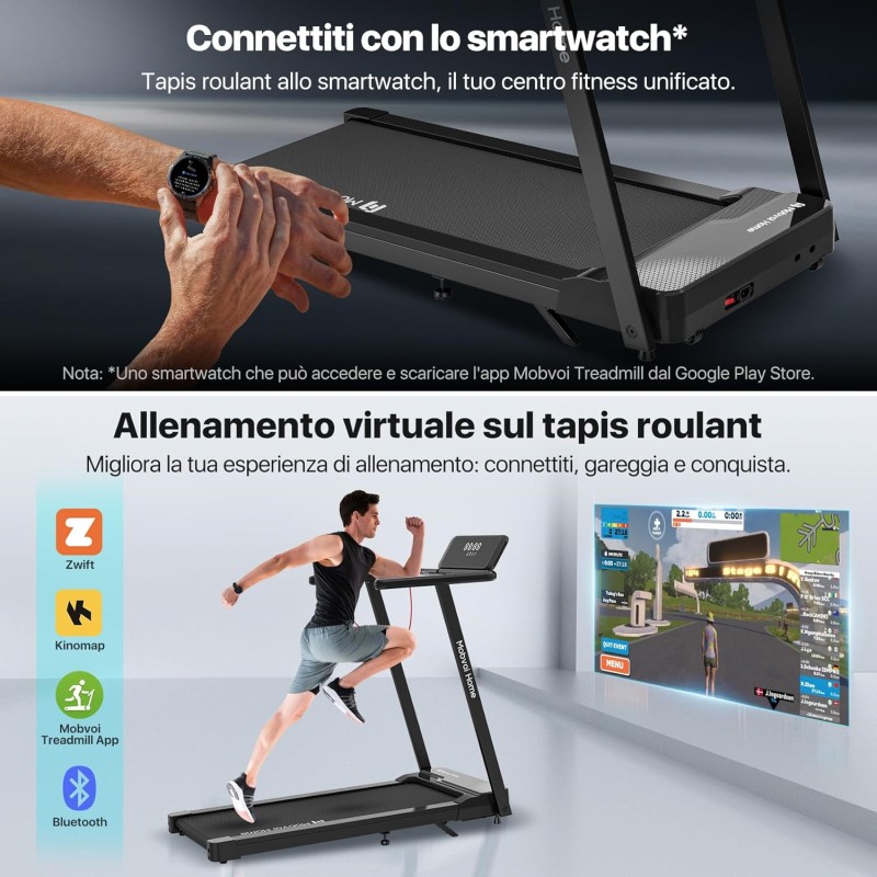 Mobvoi Home Treadmill Ultra, Pro, Tapis Roulant Elettrico Compatibile con Smartwatch, Percorsi di Allenamento Virtuali, 12km/h 120kg
