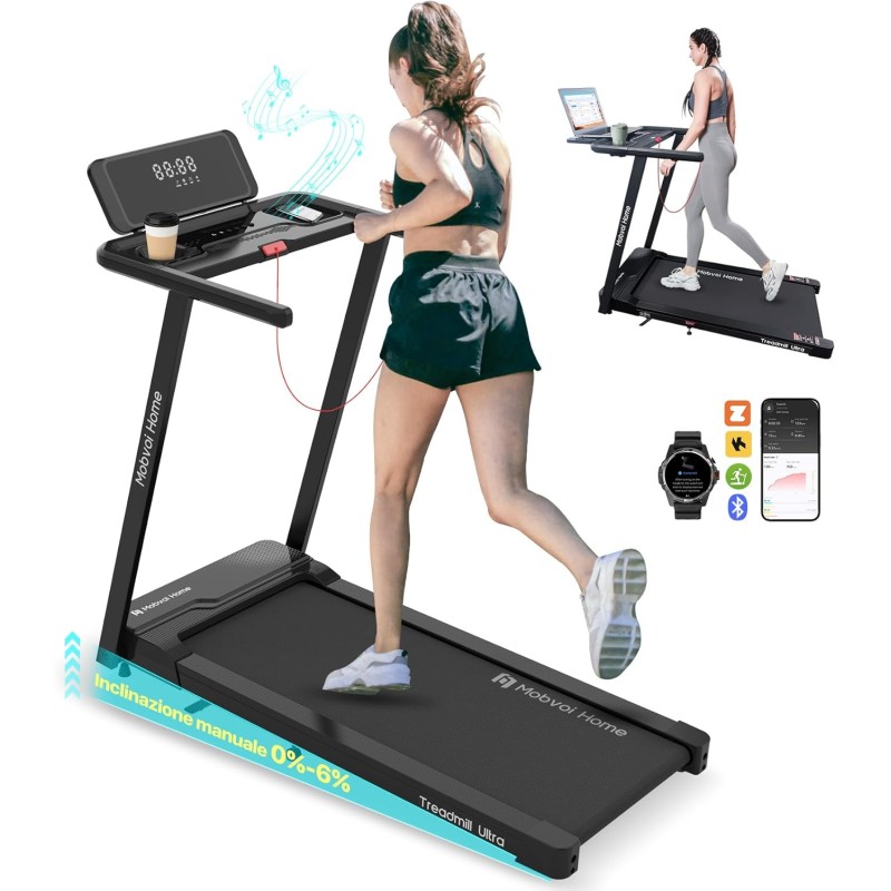 Mobvoi Home Treadmill Ultra, Pro, Tapis Roulant Elettrico Compatibile con Smartwatch, Percorsi di Allenamento Virtuali, 12km/h 120kg