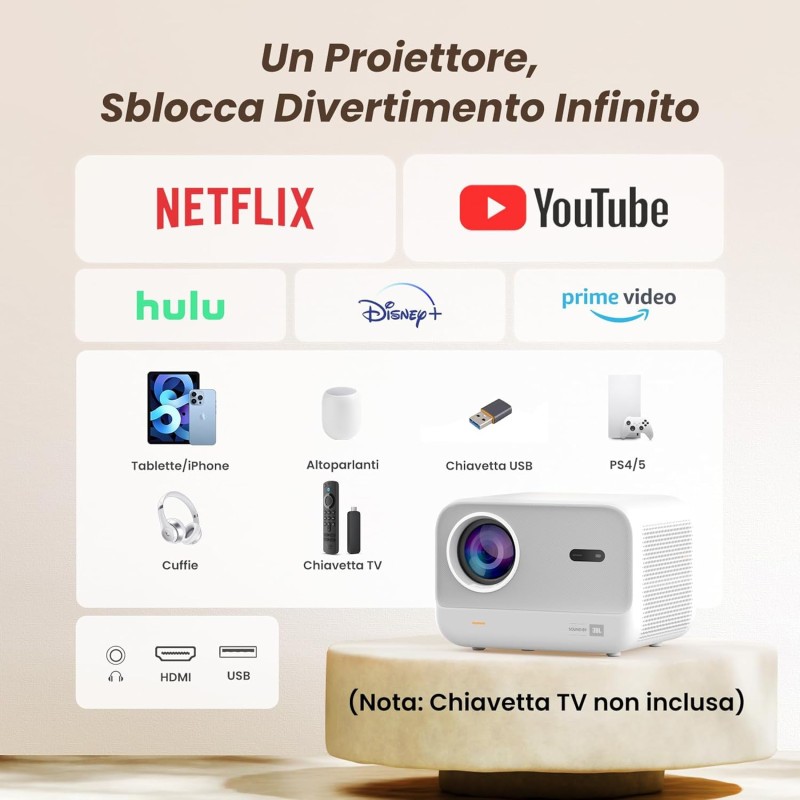 Proiettore【Suono di JBL & 700 ANSI】Yaber 1080P Full HD Proiettore Portatile, Proiettore WiFi6 Bluetooth【Autofocus Senza Ostacoli】Videoproiettore Home Cinema per TV Stick/HDMI/USB/PC/PS5 - Misty White Proiettore【Suono di JBL & 700 ANSI】Yaber 1080P Full HD Proiettore Portatile, Proiettore WiFi6 Bluetooth【Autofocus Senza Ostacoli】Videoproiettore Home Cinema per TV Stick/HDMI/USB/PC/PS5 - Misty White
