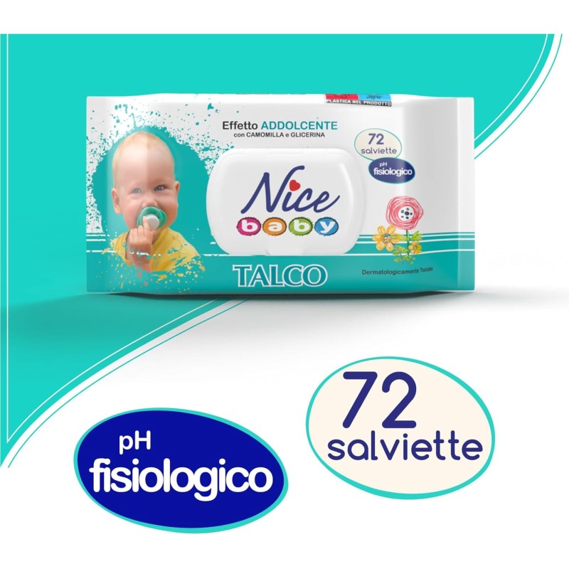 Nice Baby Talco Salviette per Cambio Pannolino, con Camomilla e Glicerina ad Effetto Addolcente sulla Pelle, Dermatologicamente Testate, 5 Confezioni da 72 Salviette - 72 unità (Confezione da 5) Nice Baby Talco Salviette per Cambio Pannolino, con Camomilla e Glicerina ad Effetto Addolcente sulla Pelle, Dermatologicamente Testate, 5 Confezioni da 72 Salviette - 72 unità (Confezione da 5)