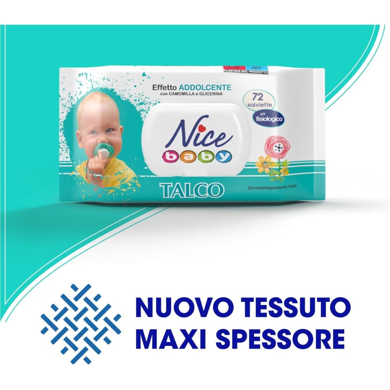 Nice Baby Talco Salviette per Cambio Pannolino, con Camomilla e Glicerina ad Effetto Addolcente sulla Pelle, Dermatologicamente Testate, 5 Confezioni da 72 Salviette - 72 unità (Confezione da 5) Nice Baby Talco Salviette per Cambio Pannolino, con Camomilla e Glicerina ad Effetto Addolcente sulla Pelle, Dermatologicamente Testate, 5 Confezioni da 72 Salviette - 72 unità (Confezione da 5)