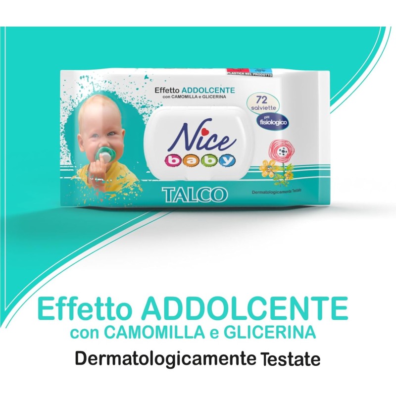 Nice Baby Talco Salviette per Cambio Pannolino, con Camomilla e Glicerina ad Effetto Addolcente sulla Pelle, Dermatologicamente Testate, 5 Confezioni da 72 Salviette - 72 unità (Confezione da 5) Nice Baby Talco Salviette per Cambio Pannolino, con Camomilla e Glicerina ad Effetto Addolcente sulla Pelle, Dermatologicamente Testate, 5 Confezioni da 72 Salviette - 72 unità (Confezione da 5)