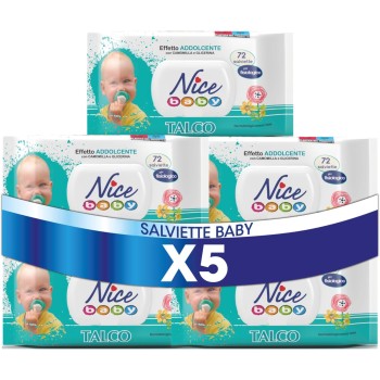 Nice Baby Talco Salviette per Cambio Pannolino, con Camomilla e Glicerina ad Effetto Addolcente sulla Pelle, Dermatologicamente Testate, 5 Confezioni da 72 Salviette - 72 unità (Confezione da 5)