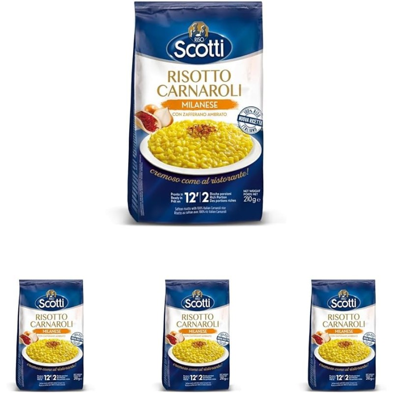 Riso Scotti - Risotto alla Milanese - Riso Carnaroli con Zafferano Ambrato Senza Glutine - 210 gr (Confezione da 4) - 210 g (Confezione da 4) Riso Scotti - Risotto alla Milanese - Riso Carnaroli con Zafferano Ambrato Senza Glutine - 210 gr (Confezione da 4) - 210 g (Confezione da 4)