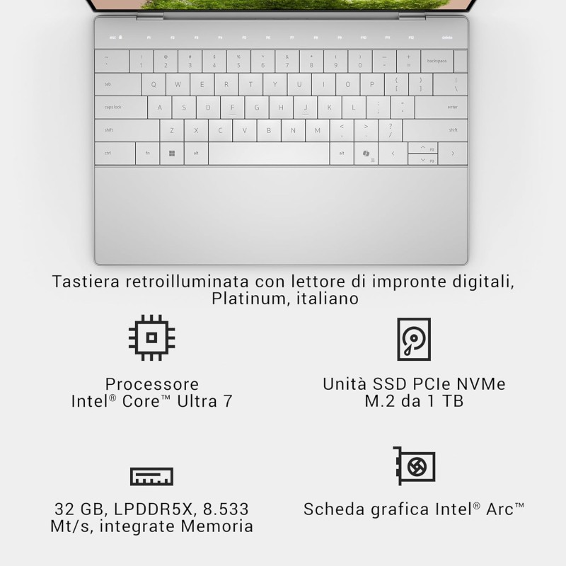 Dell XPS 13 (9350) Laptop Copilot+ Display 13,4" FHD+ 120 Hz, Intel Core Ultra 7 Series 2- Intel Evo Edition, 32GB RAM, 1TB SSD, Grafica Intel Arc, Windows 11 Home, Tastiera Italiana - Platino