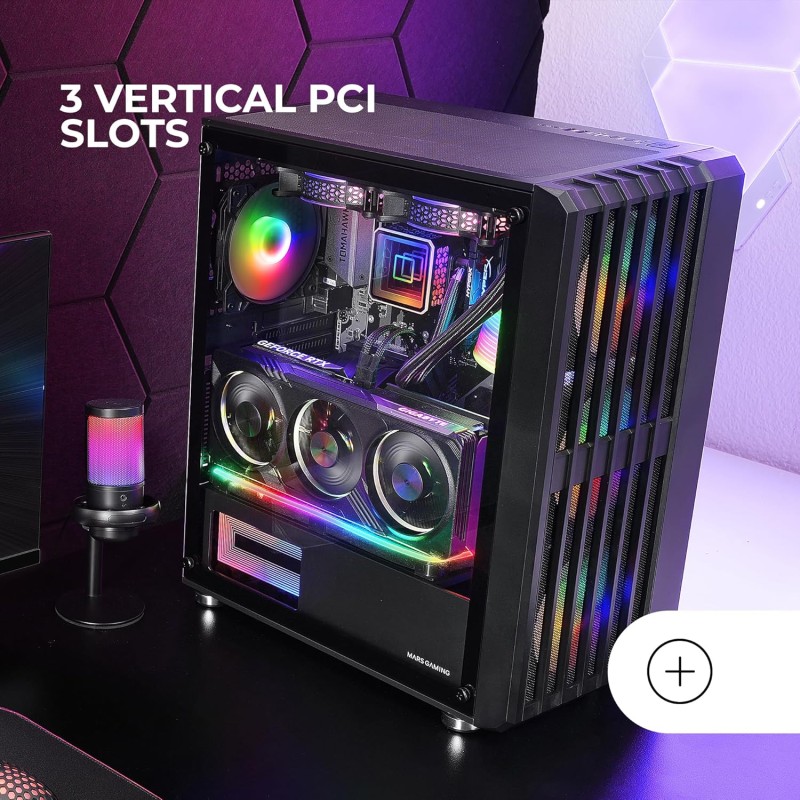 MARSGAMING MC-VAULT, Case Gaming ATX, 4x Ventole ARGB 120mm, Pannello Frontale Mesh con Design Verticale, Finestra Laterale Vetro Temperato, 3x Slot PCI Verticali, Semitorre PC Professionale, Nero MARSGAMING MC-VAULT, Case Gaming ATX, 4x Ventole ARGB 120mm, Pannello Frontale Mesh con Design Verticale, Finestra Laterale Vetro Temperato, 3x Slot PCI Verticali, Semitorre PC Professionale, Nero