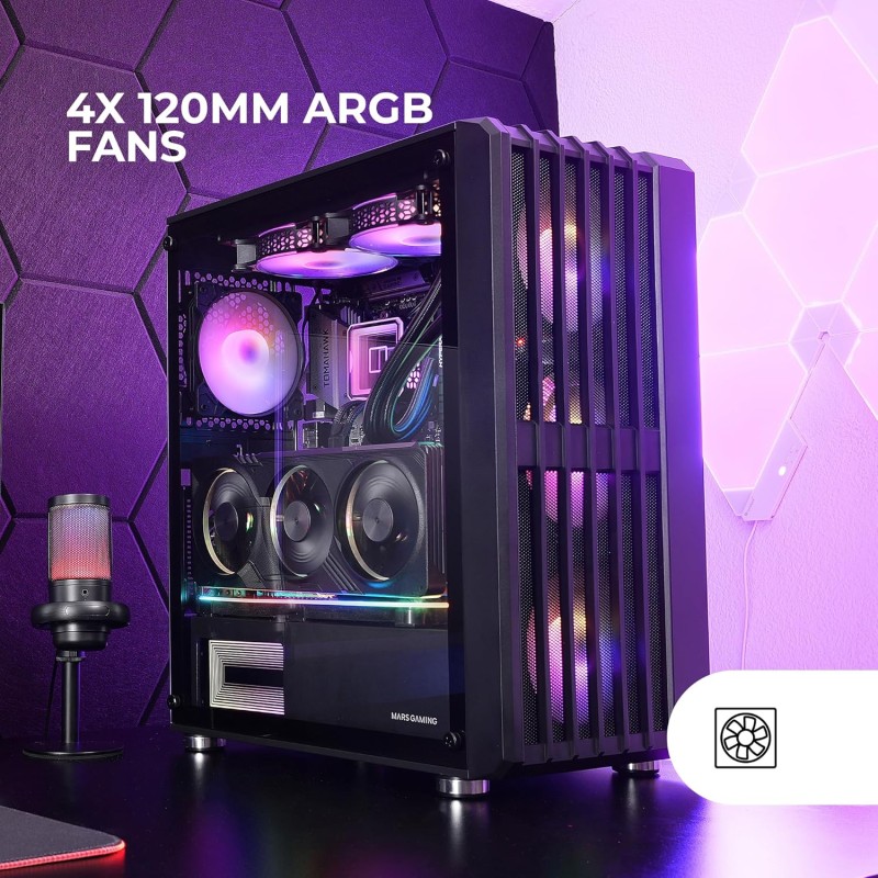 MARSGAMING MC-VAULT, Case Gaming ATX, 4x Ventole ARGB 120mm, Pannello Frontale Mesh con Design Verticale, Finestra Laterale Vetro Temperato, 3x Slot PCI Verticali, Semitorre PC Professionale, Nero MARSGAMING MC-VAULT, Case Gaming ATX, 4x Ventole ARGB 120mm, Pannello Frontale Mesh con Design Verticale, Finestra Laterale Vetro Temperato, 3x Slot PCI Verticali, Semitorre PC Professionale, Nero