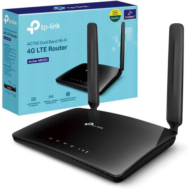 TP-Link Archer MR202 Router WiFi con SIM, Router 4G LTE WiFi Dual-Band AC750Mbps, 3 Porte LAN e 1 LAN/WAN, Plug & Play, 2 Antenne LTE Smontabili, QoS, Onemesh TP-Link Archer MR202 Router WiFi con SIM, Router 4G LTE WiFi Dual-Band AC750Mbps, 3 Porte LAN e 1 LAN/WAN, Plug & Play, 2 Antenne LTE Smontabili, QoS, Onemesh