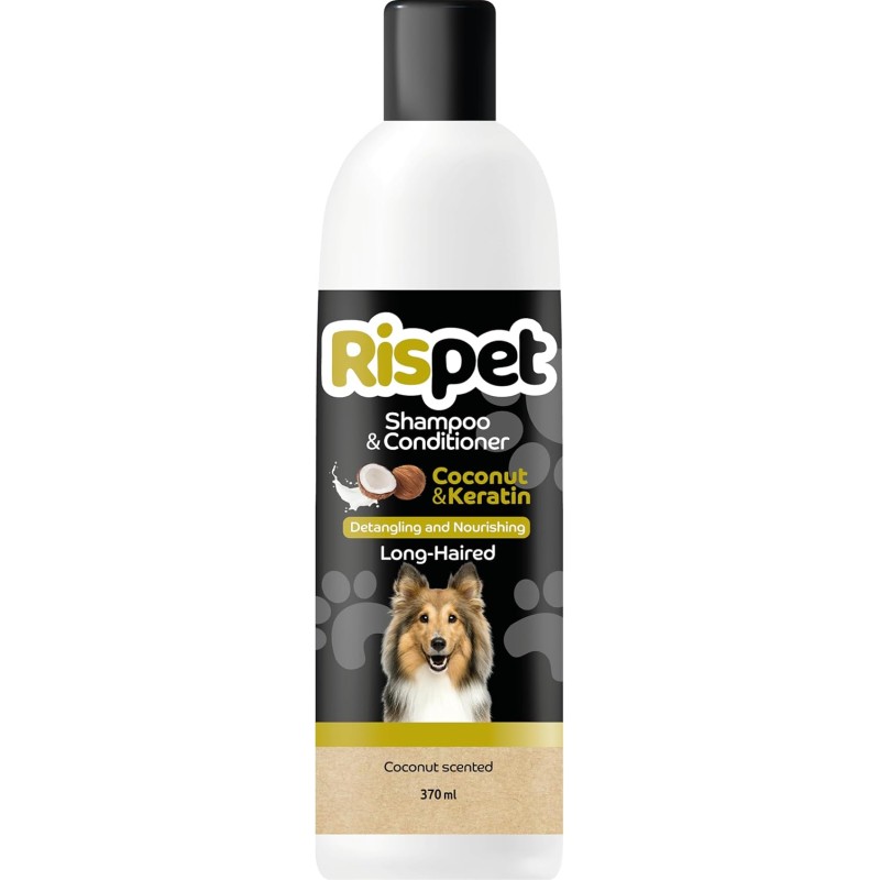 Shampoo e Balsamo Cocco e Cheratina, Detergente e Igienizzante per Cani e Animali a Pelo Lungo, Formula Delicata Senza Allergeni e pH Bilanciato, Profumazione al Cocco, 370ml Shampoo e Balsamo Cocco e Cheratina, Detergente e Igienizzante per Cani e Animali a Pelo Lungo, Formula Delicata Senza Allergeni e pH Bilanciato, Profumazione al Cocco, 370ml