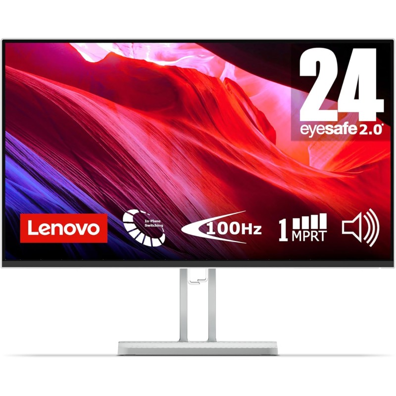 Lenovo L24i-4A Monitor 23.8" FHD (1920x1080), IPS, 1ms, 100Hz, Altoparlanti integrati, Low Blue Light, Bordi Ultrasottili, Regolabile, HDMI e VGA - 24 pollici